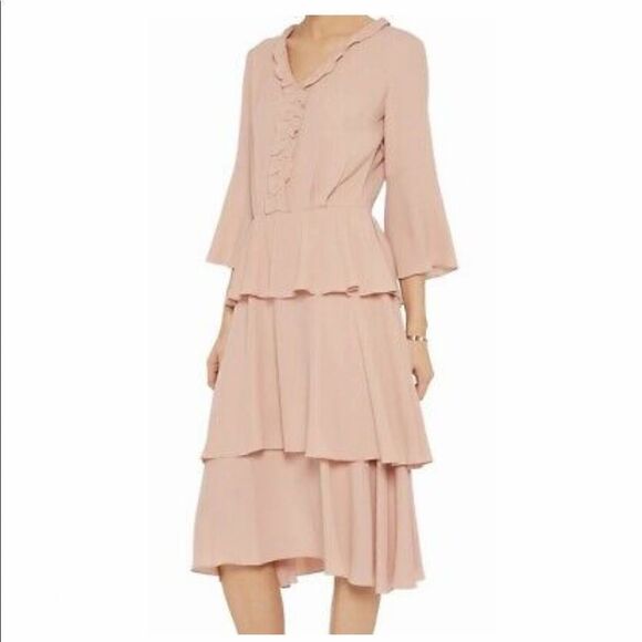 Iris & Ink Ruffled tiered crepe dress size 8 beige pink - Picture 1 of 11